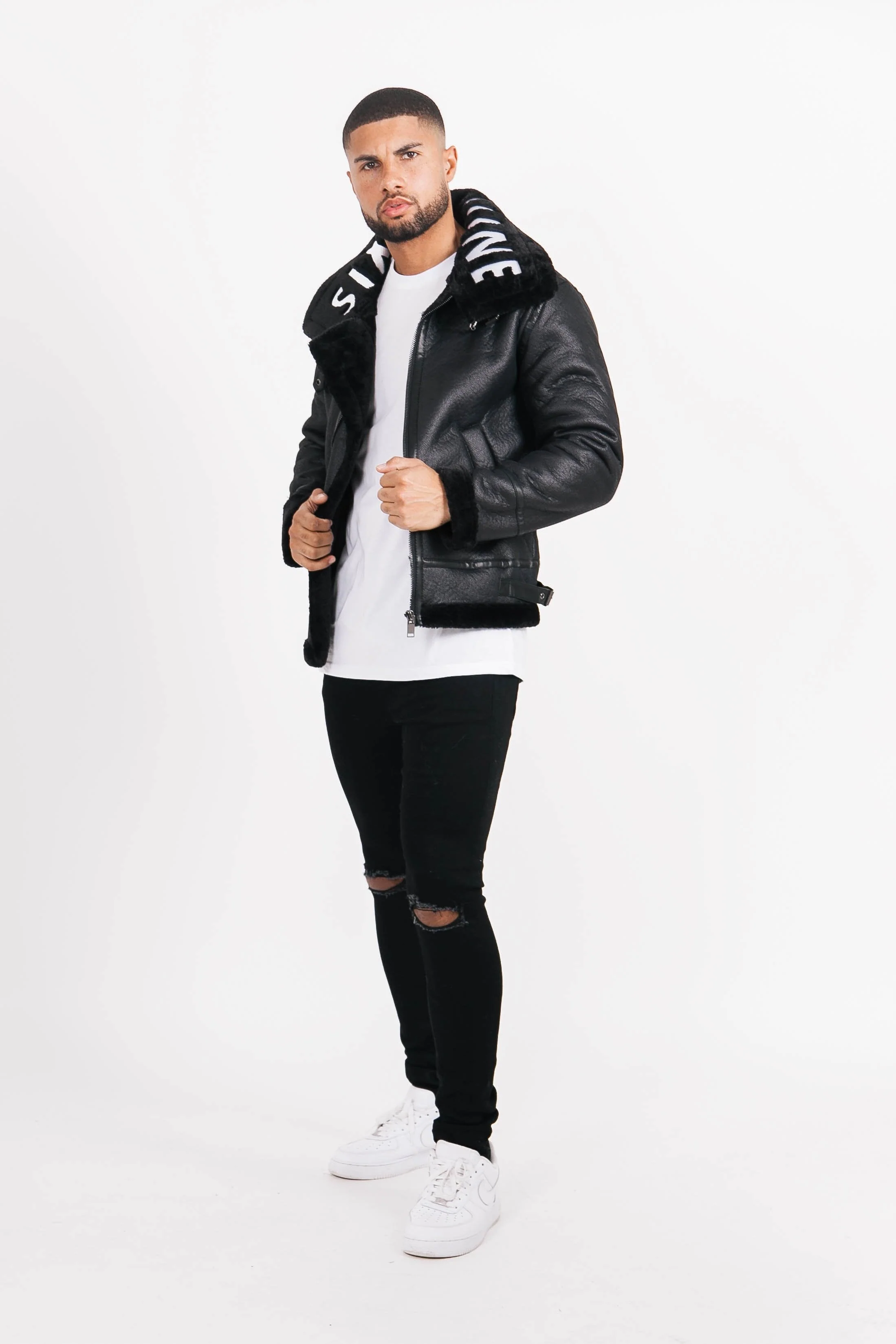 Veste aviateur sherpa col logo Noir - Image 2