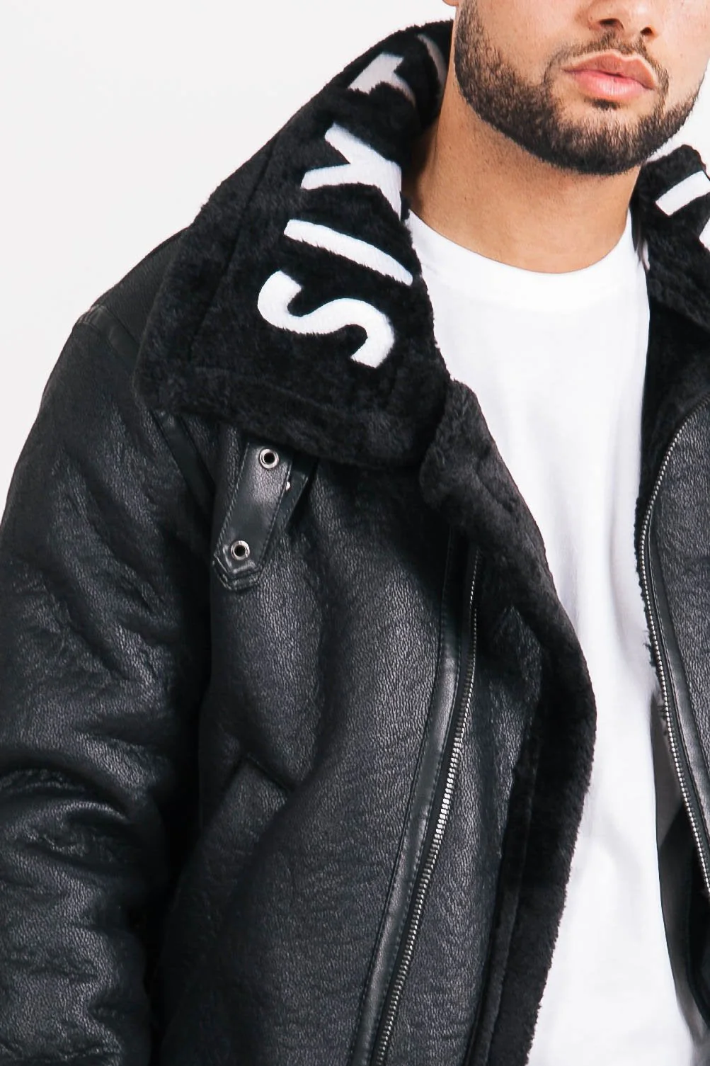 Veste aviateur sherpa col logo Noir - Image 3