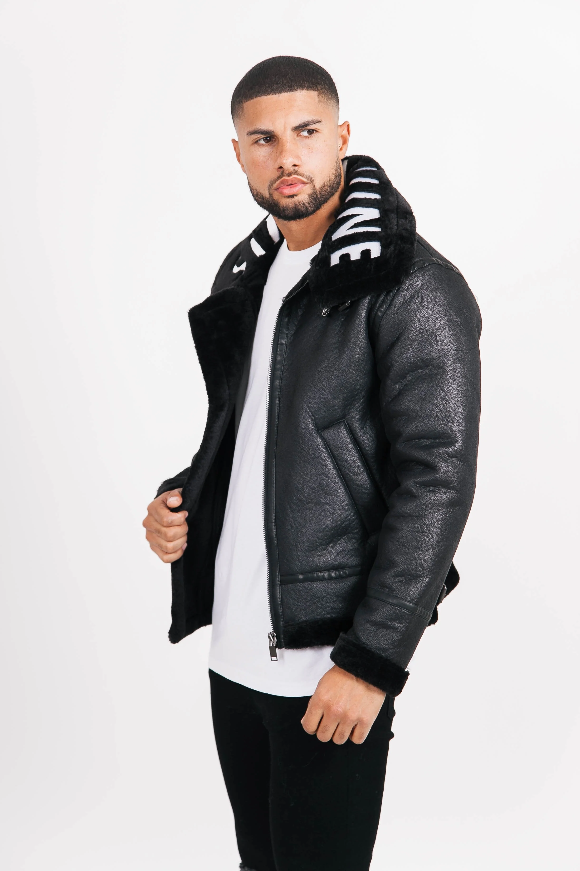 Veste aviateur sherpa col logo Noir - Image 4