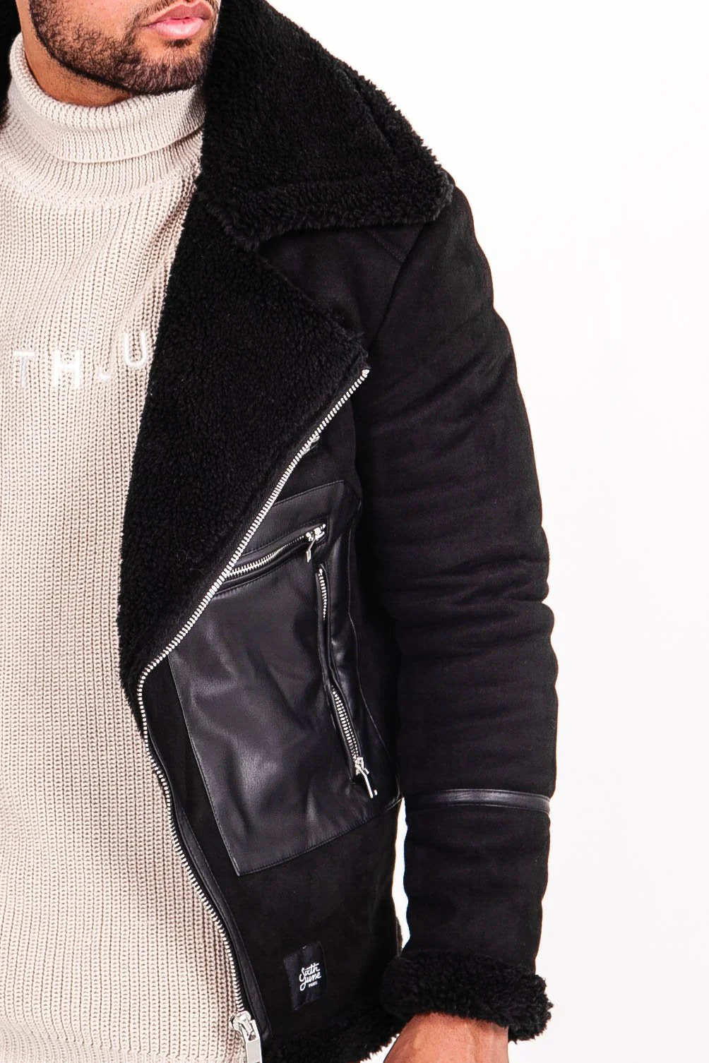 Veste aviateur simili cuir sherpa Noir - Image 3