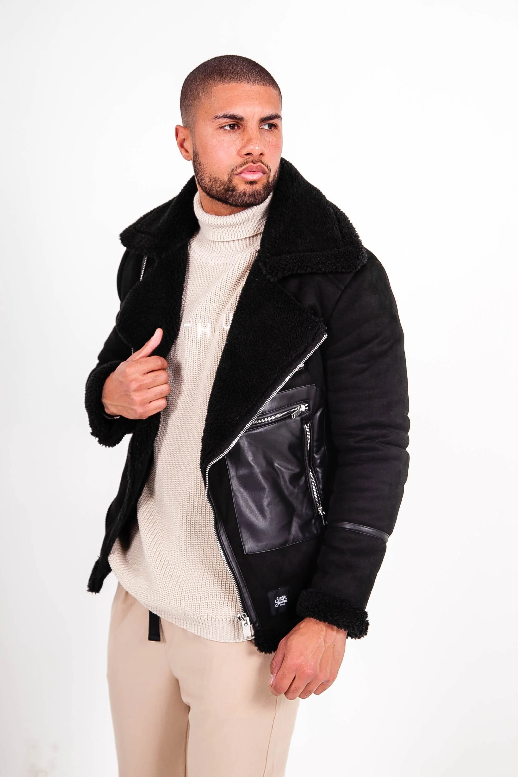 Veste aviateur simili cuir sherpa Noir - Image 4