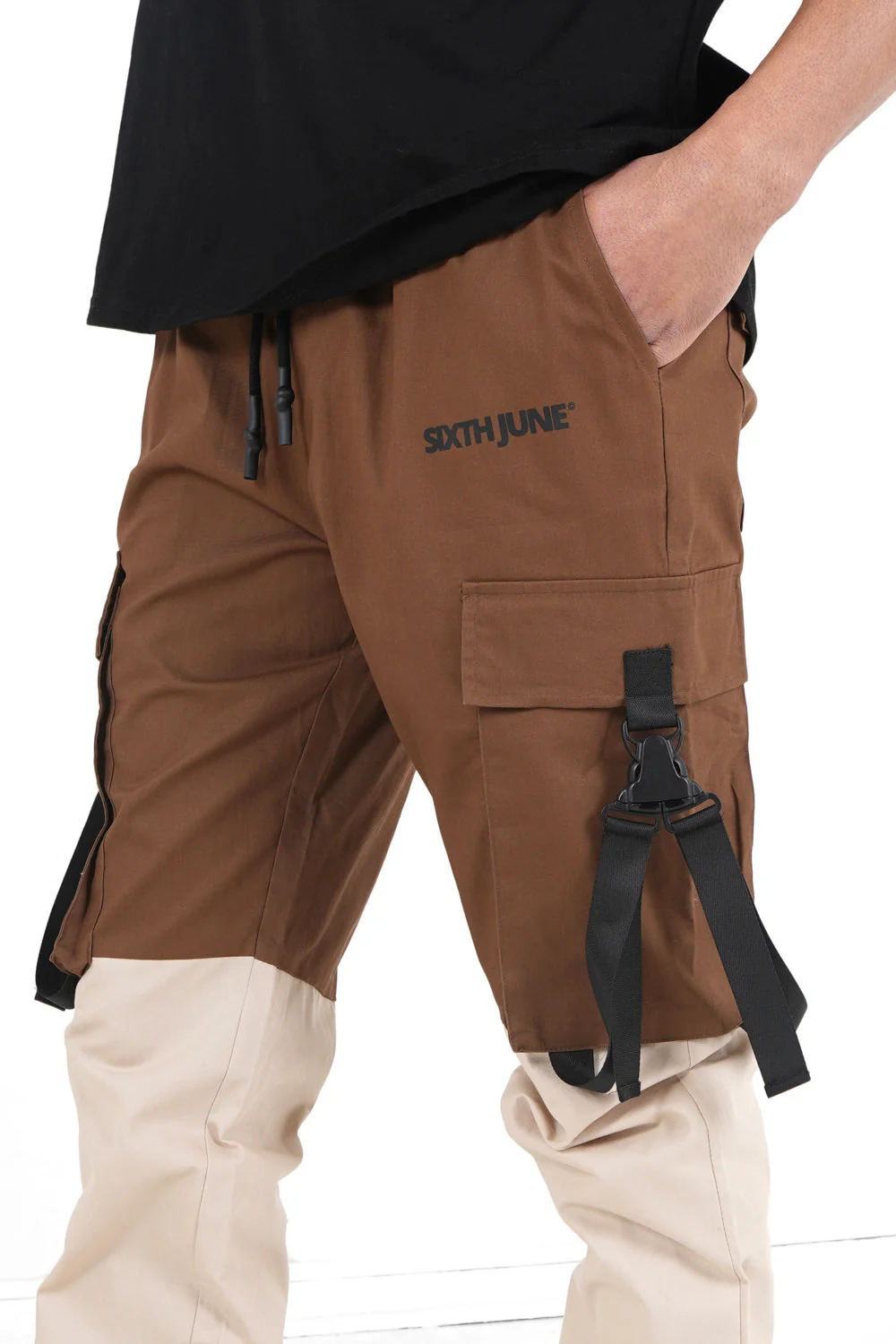 Pantalon cargo bicolore sangles Marron - Image 3