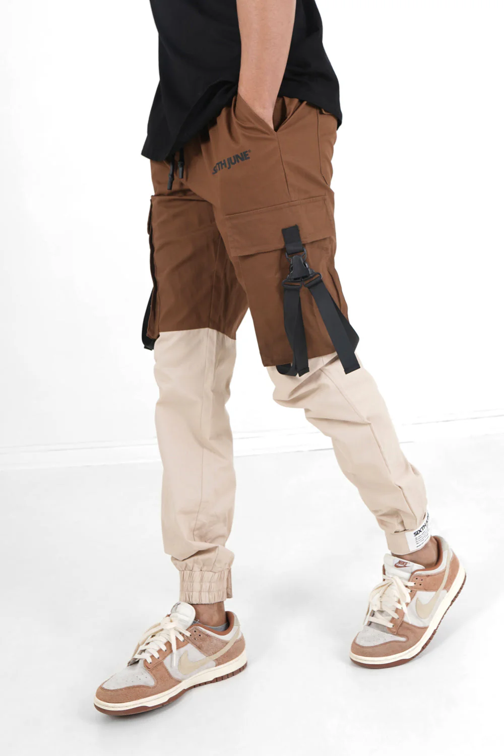 Pantalon cargo bicolore sangles Marron - Image 4