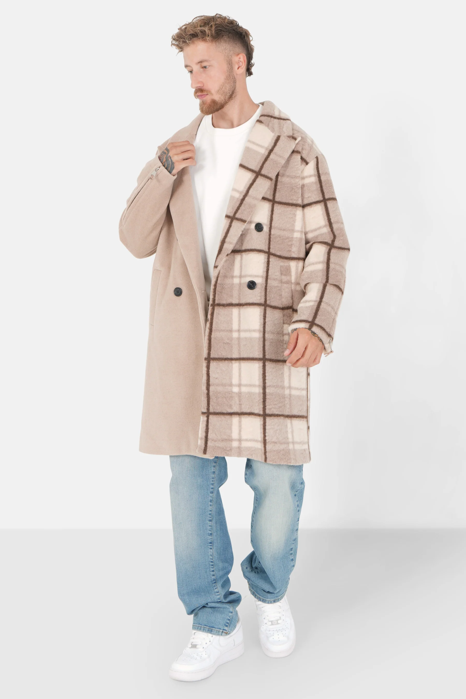 Veste longue duveteuse carreaux Beige - Image 2