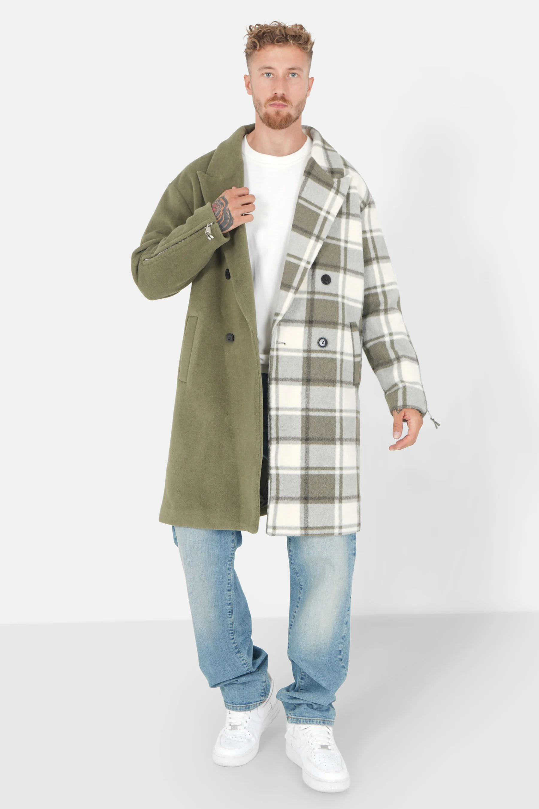 Veste longue duveteuse carreaux Vert - Image 2