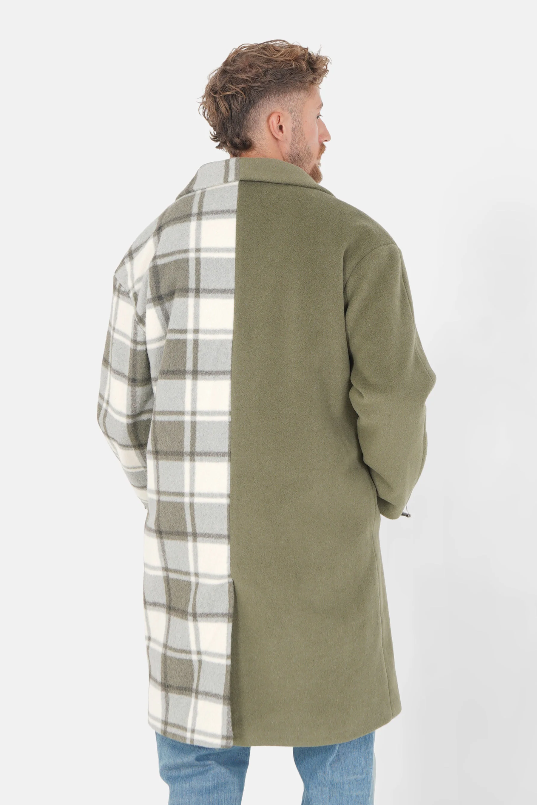 Veste longue duveteuse carreaux Vert - Image 5