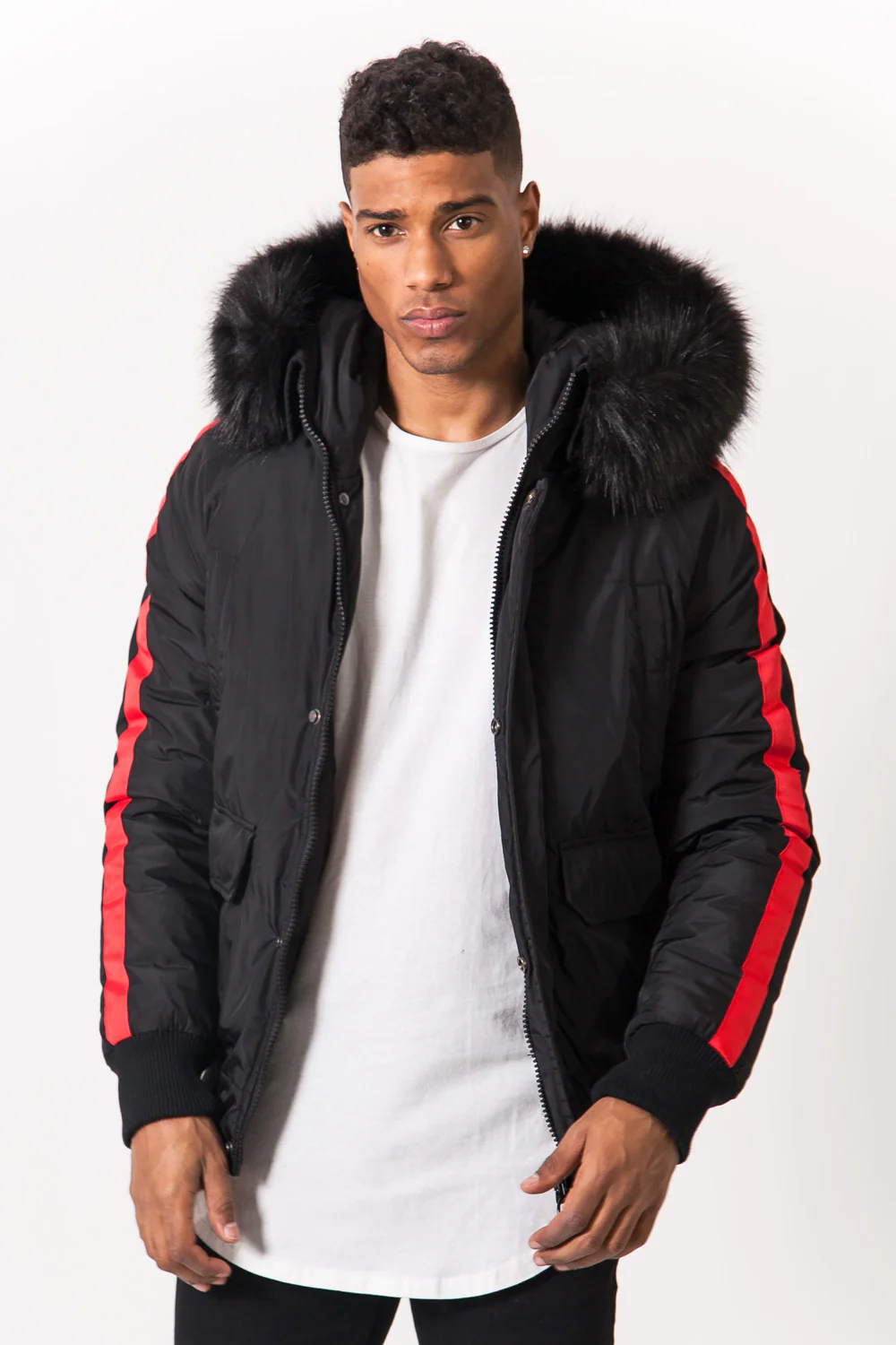 Blouson bandes fourrure noir rouge - Image 2