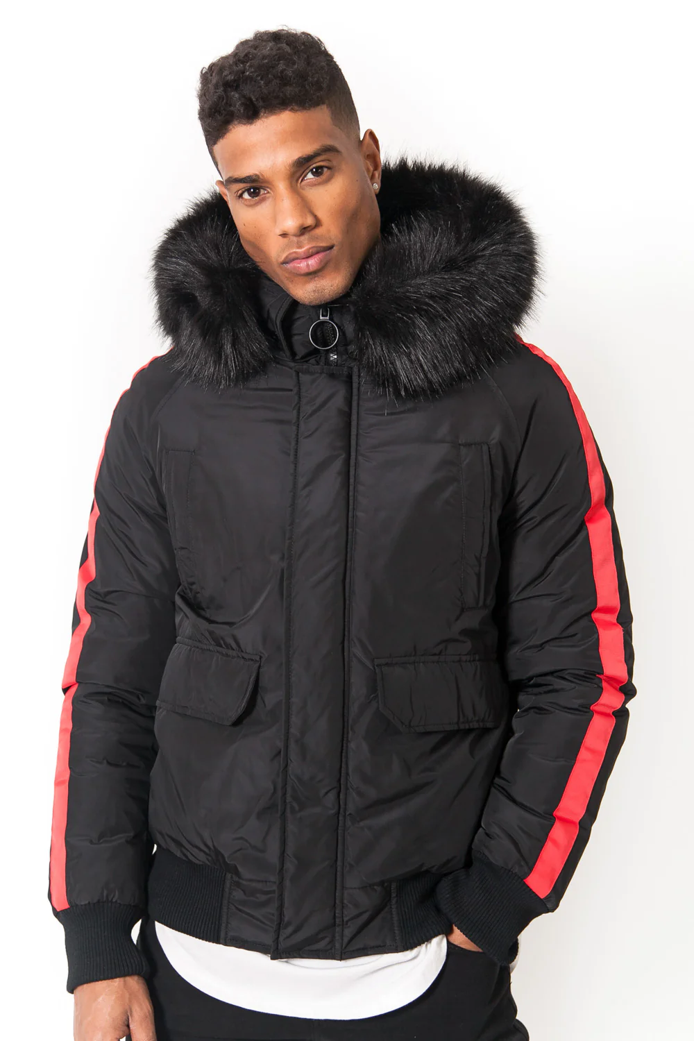 Blouson bandes fourrure noir rouge - Image 4