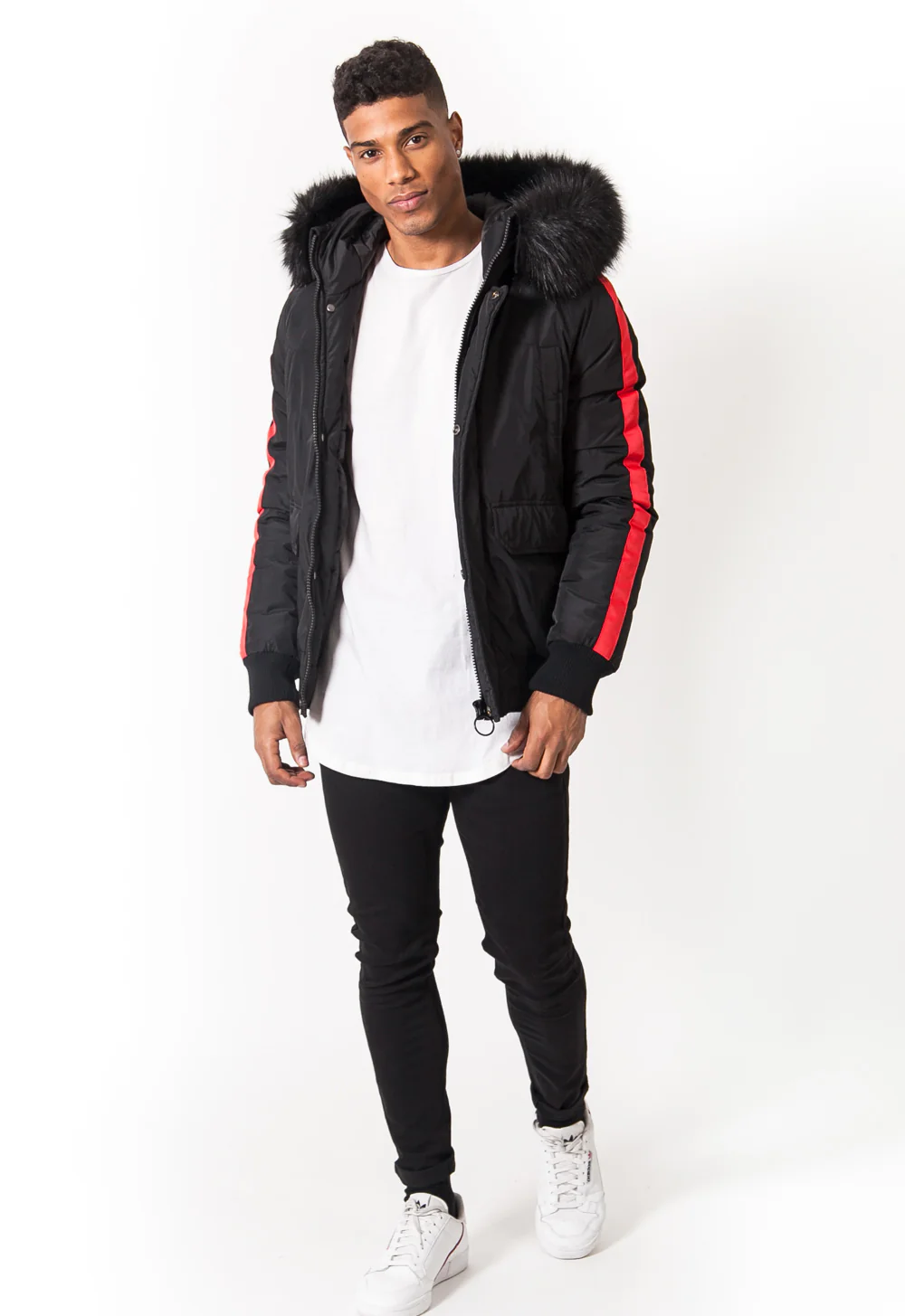 Blouson bandes fourrure noir rouge - Image 7