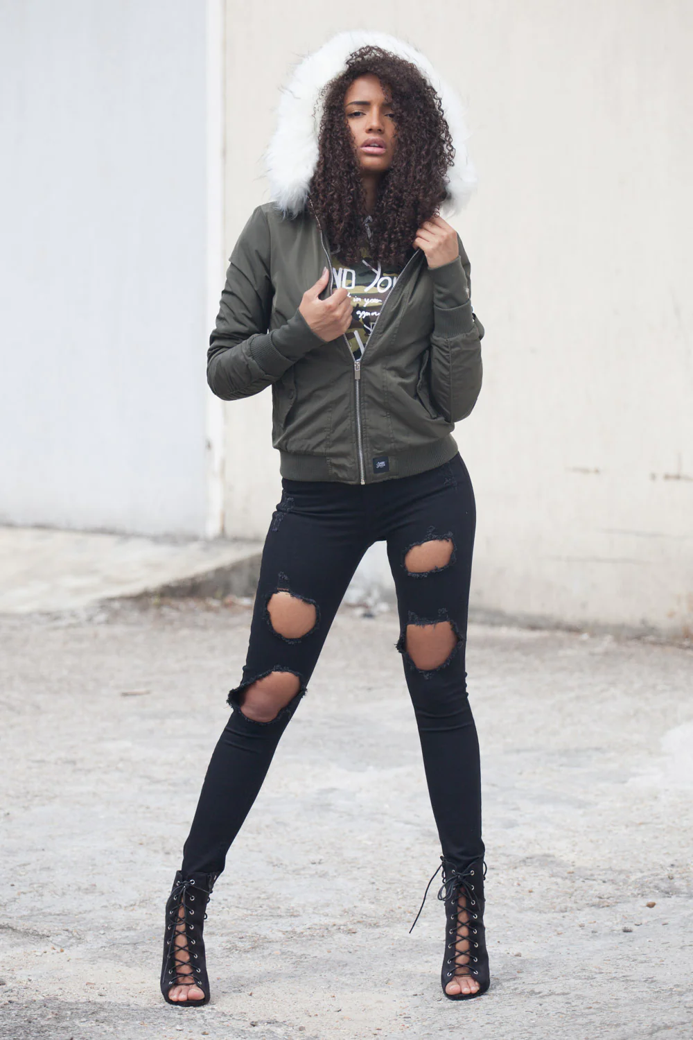Bomber Femme capuche fourrure kaki blanc W2030CJA - Image 3