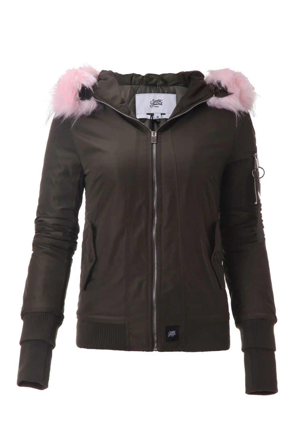 Bomber Femme capuche fourrure kaki rose clair W2030CJA