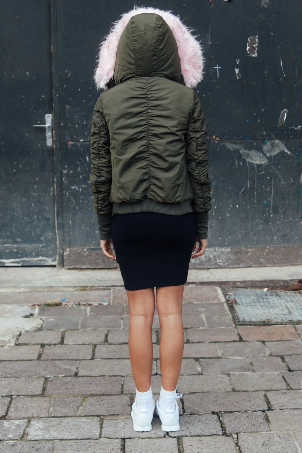 Bomber Femme capuche fourrure kaki rose clair W2030CJA - Image 3