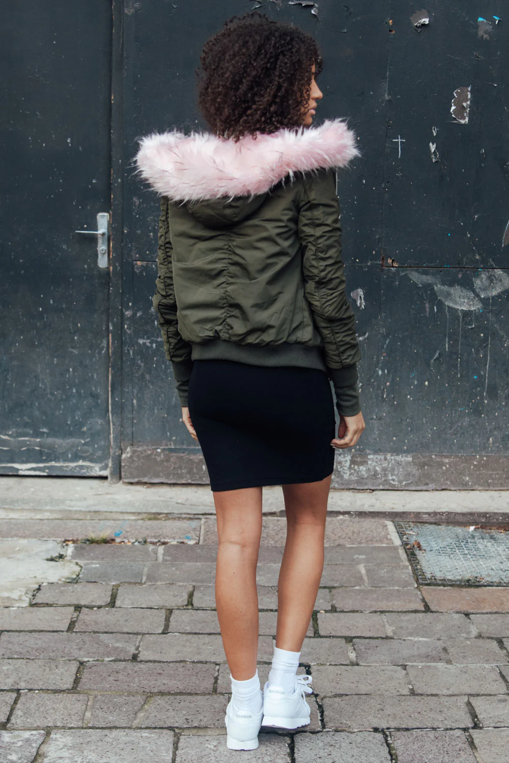 Bomber Femme capuche fourrure kaki rose clair W2030CJA - Image 4