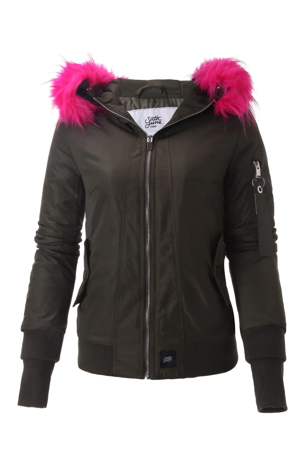 Bomber Femme capuche fourrure kaki rose W2030CJA