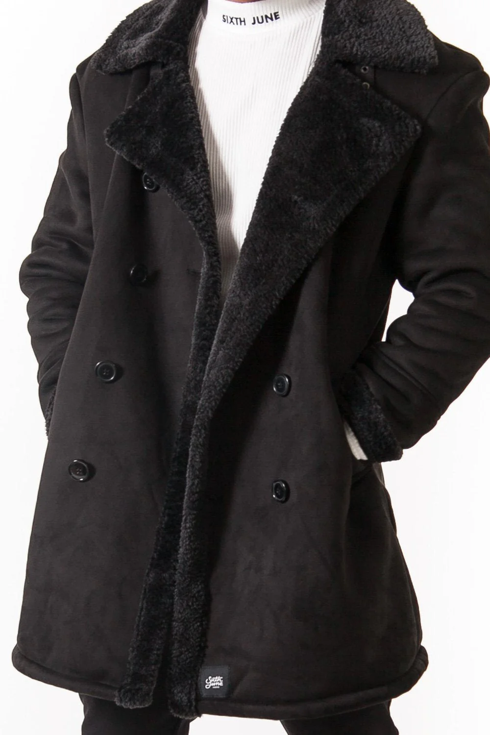 Caban croisé fourrure suede noir - Image 3