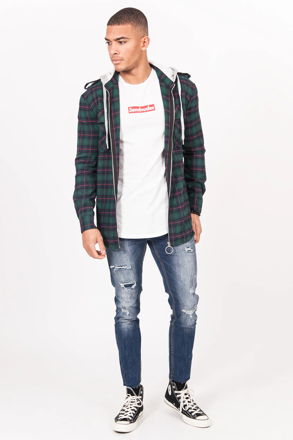 Chemise carreaux capuche Sixth June vert - Image 4