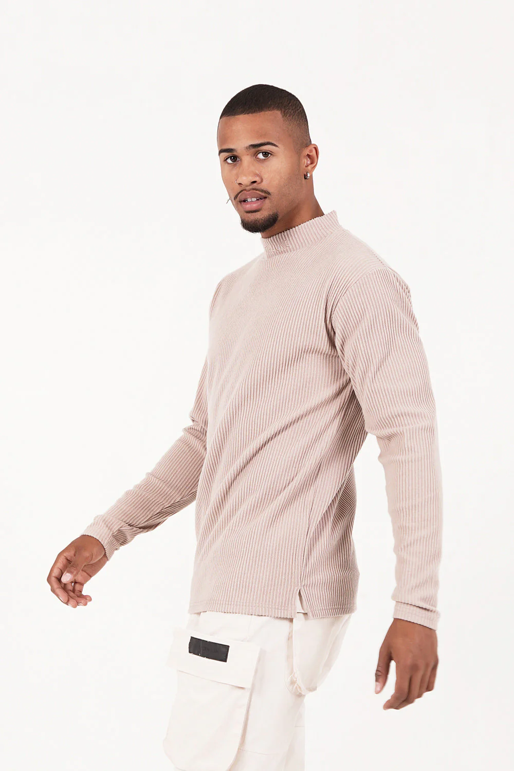 Pull maille côtelé col Beige foncé - Image 3