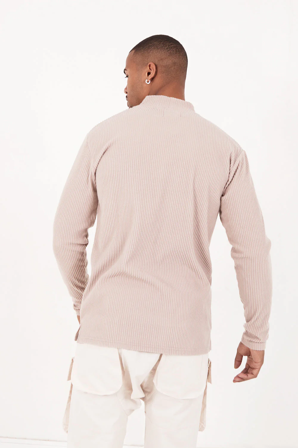 Pull maille côtelé col Beige foncé - Image 4