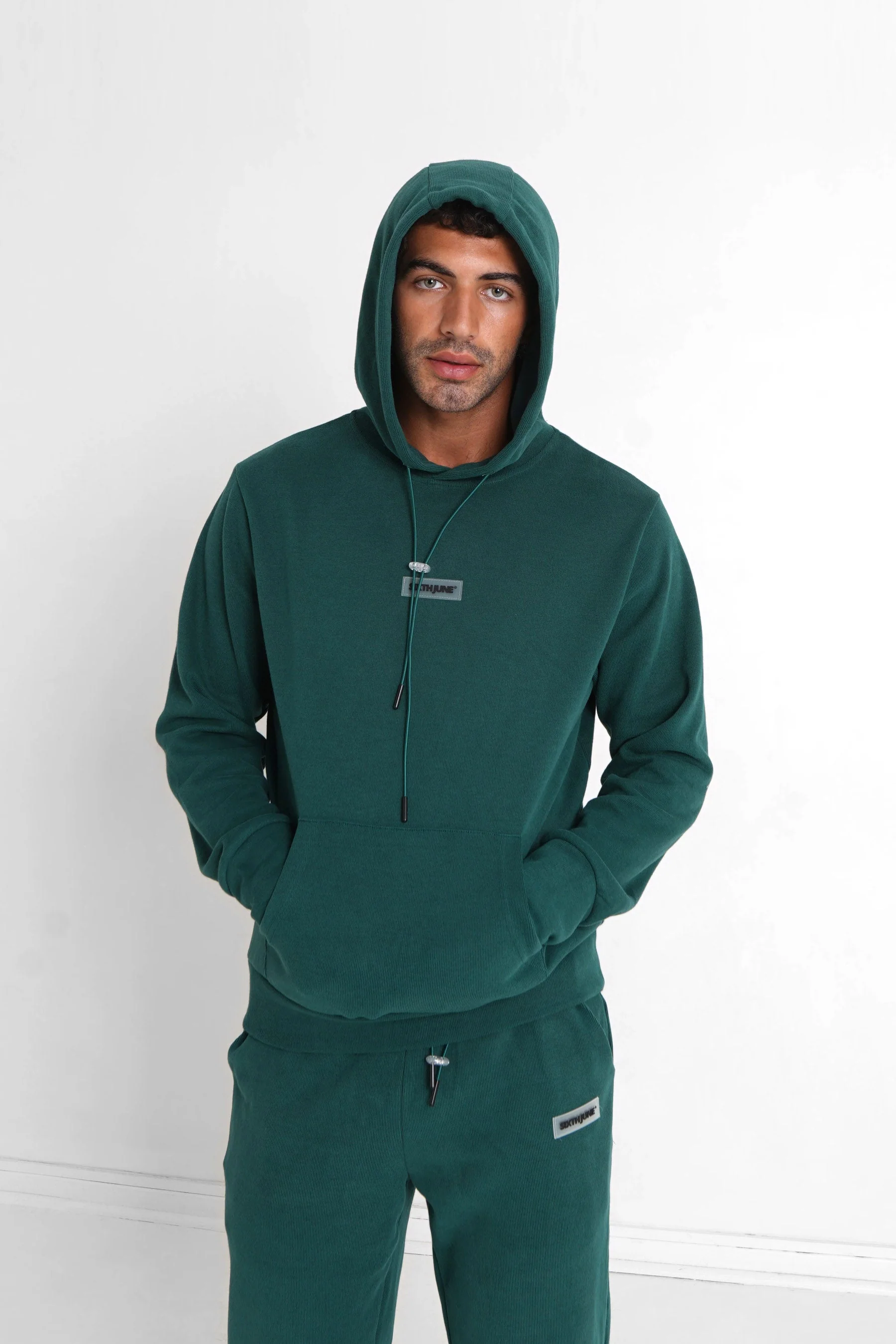 Sweat capuche côtelé patch Vert foncé - Image 5