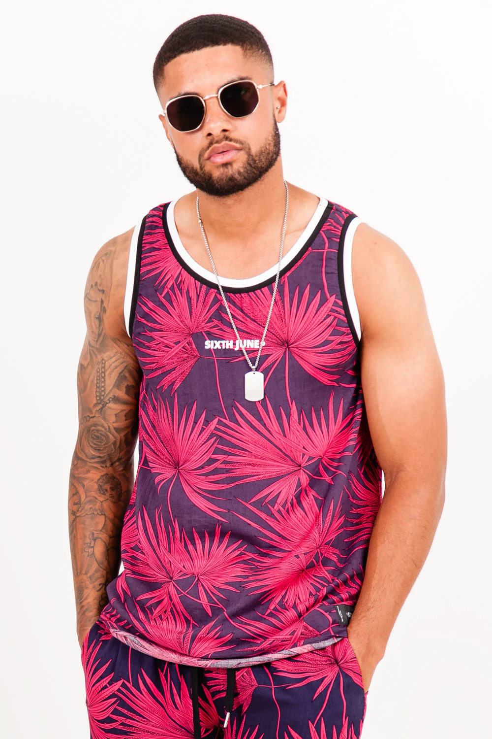 Débardeur tropical palmier bleu foncé rouge - Image 2
