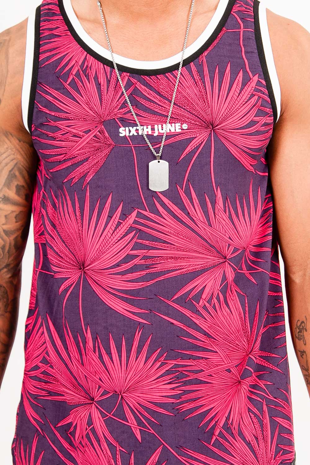 Débardeur tropical palmier bleu foncé rouge - Image 3