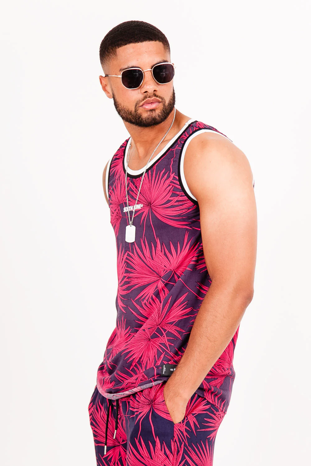 Débardeur tropical palmier bleu foncé rouge - Image 4