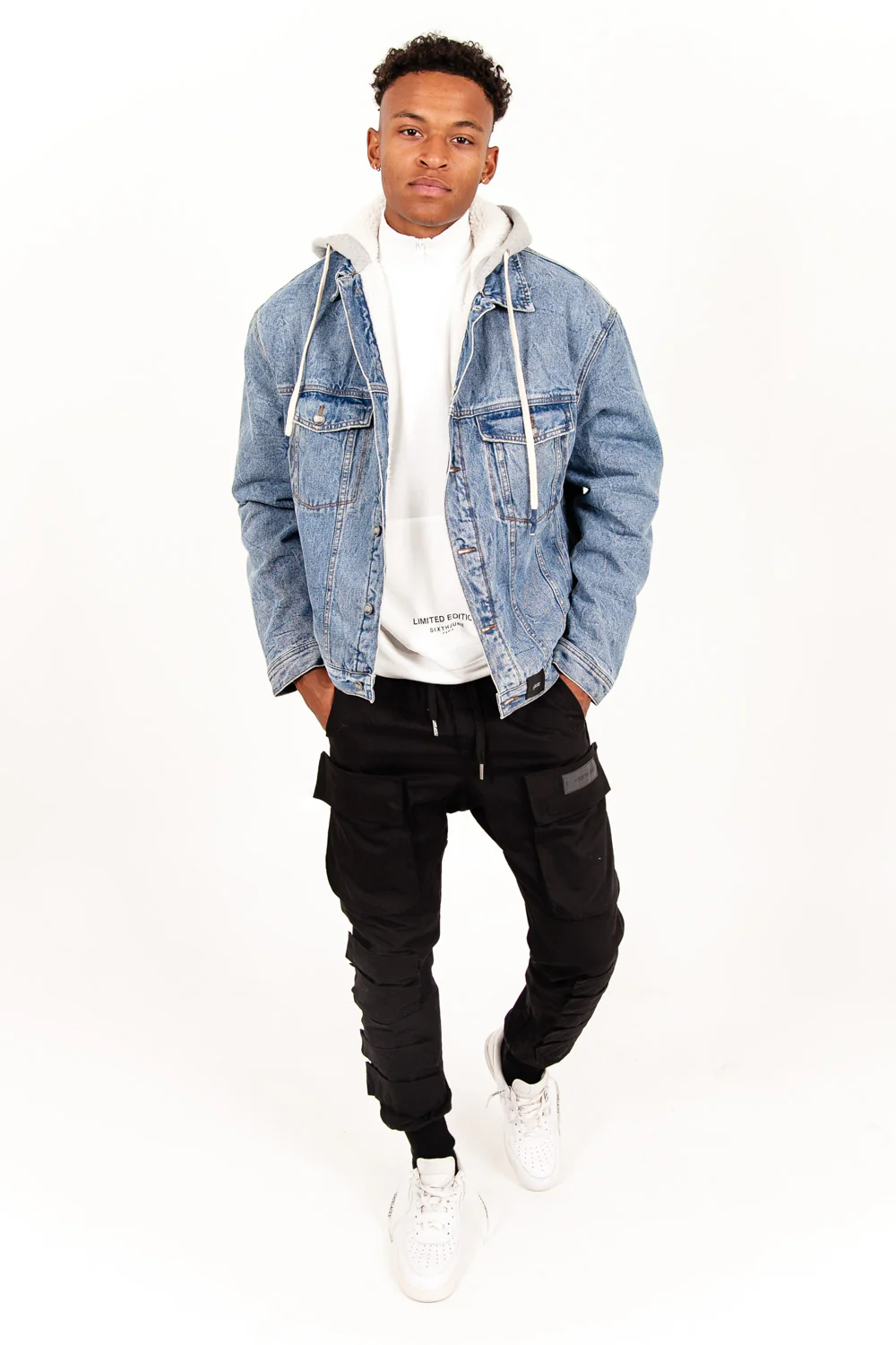 Veste en jean sherpa capuche bleu - Image 5