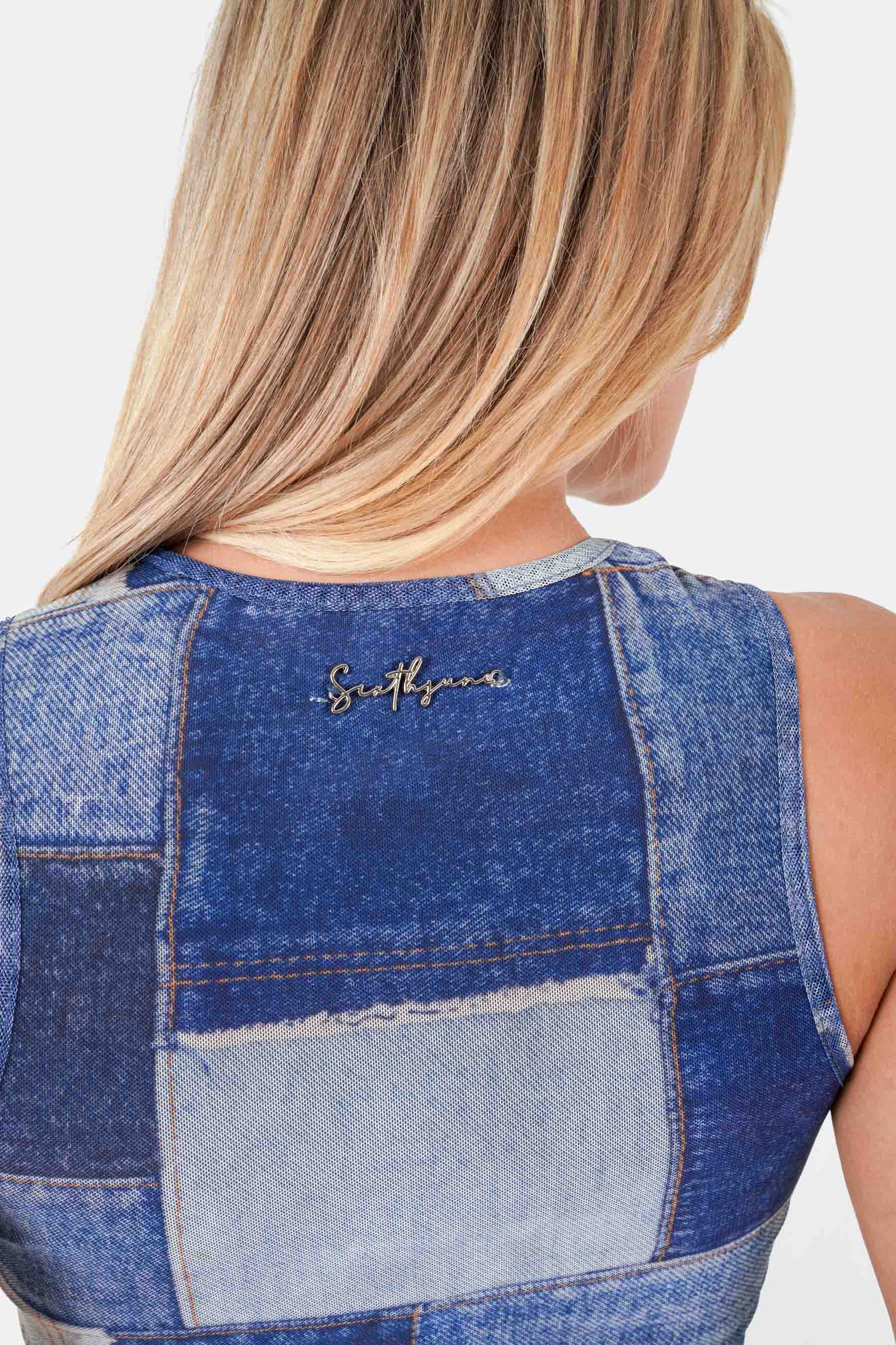 Top imprimé denim maille Bleu - Image 4