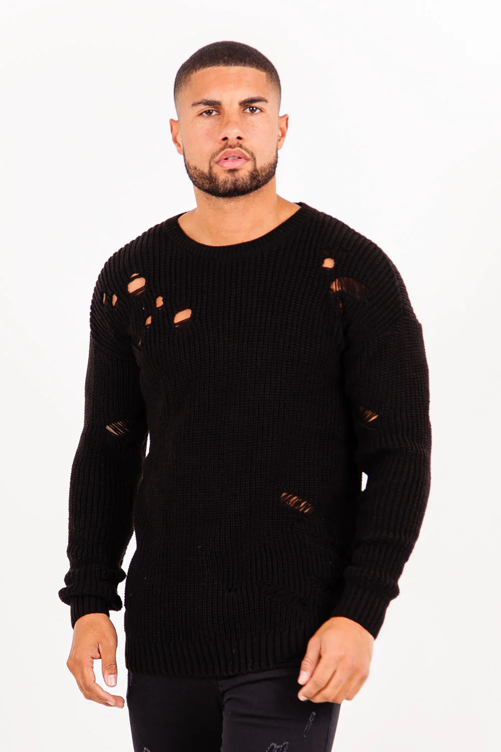 Pull en maille troué effiloché noir - Image 2