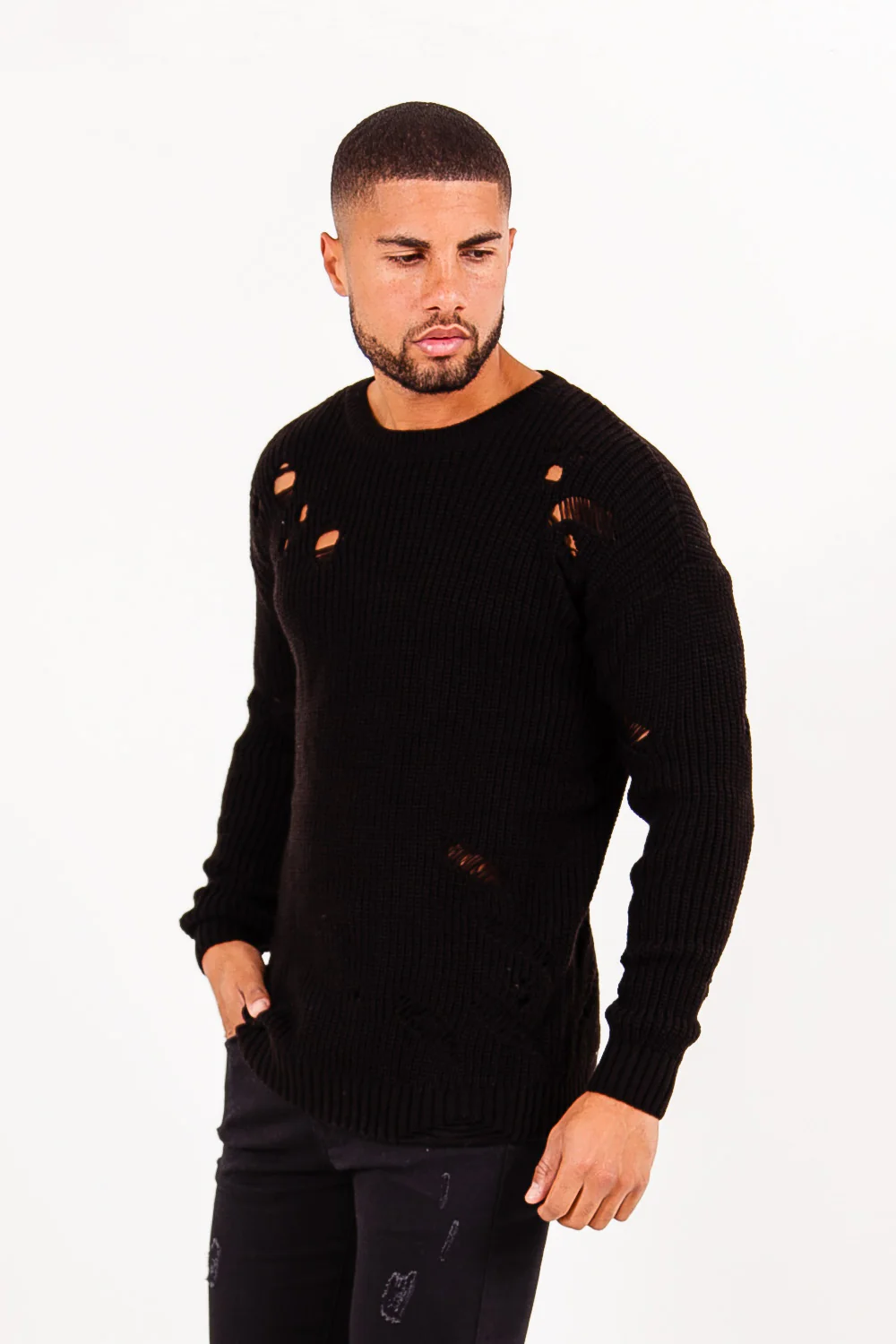 Pull en maille troué effiloché noir - Image 4