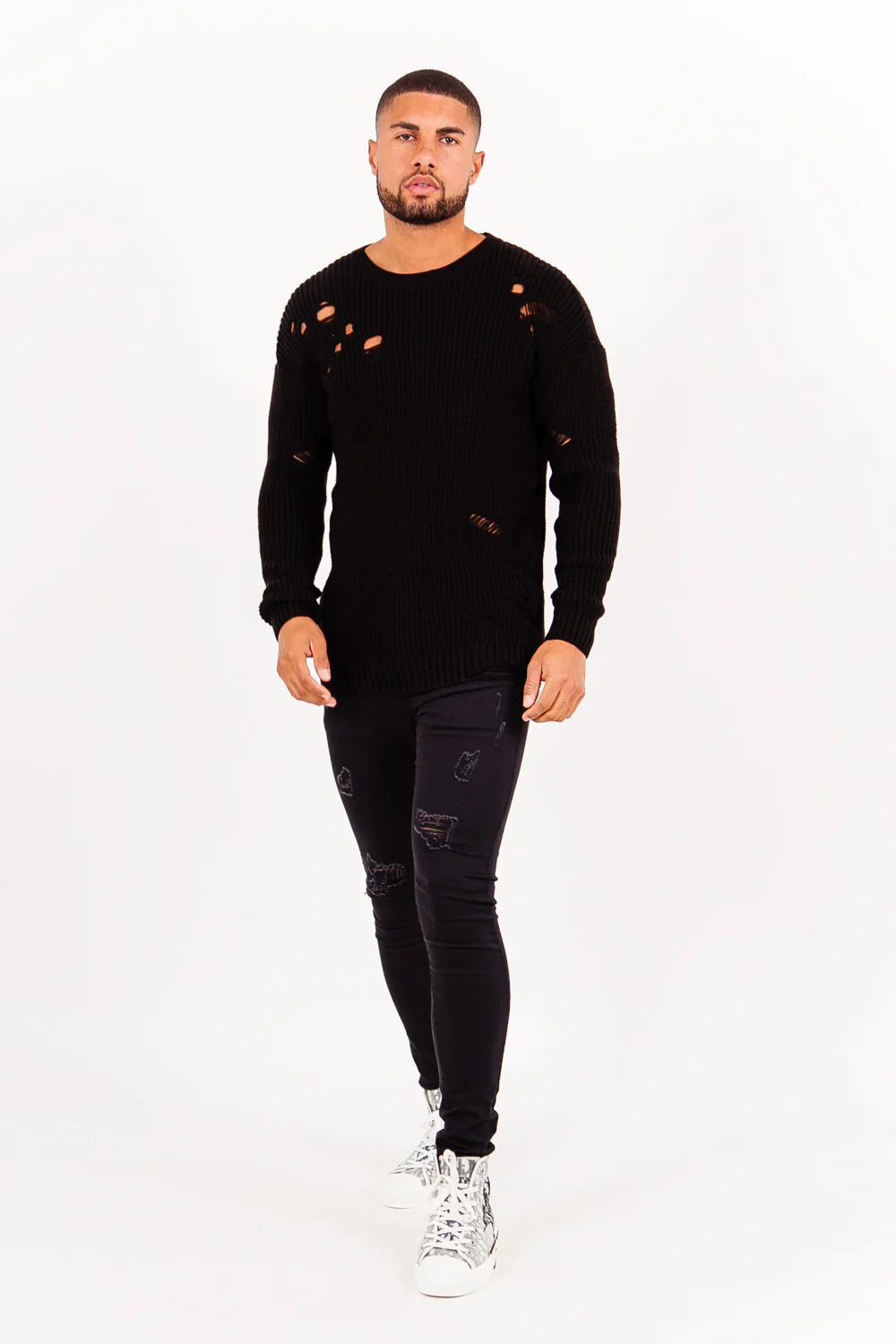 Pull en maille troué effiloché noir - Image 6