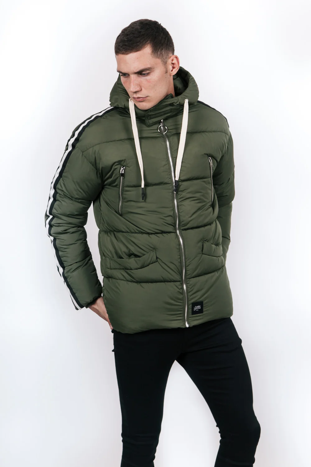 Doudoune bandes capuche kaki noir - Image 4