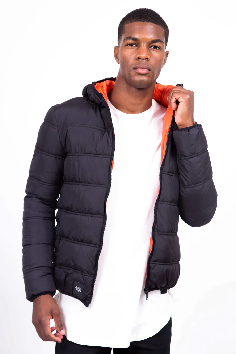 Doudoune fine capuche noir orange - Image 2