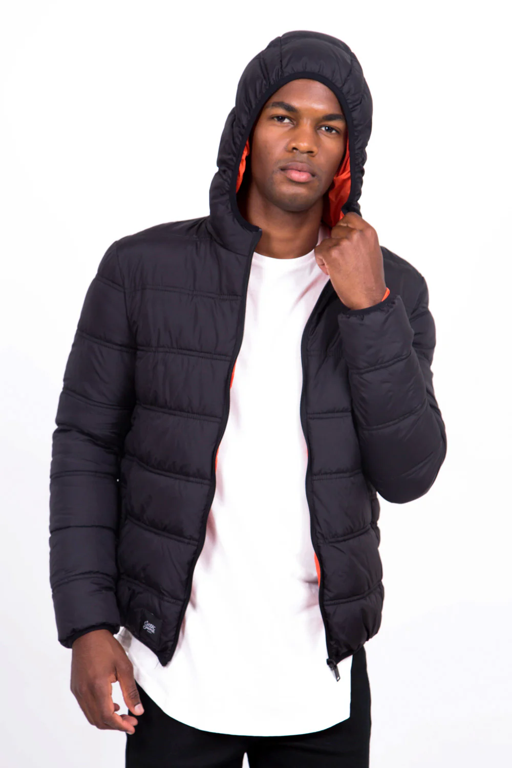 Doudoune fine capuche noir orange - Image 3