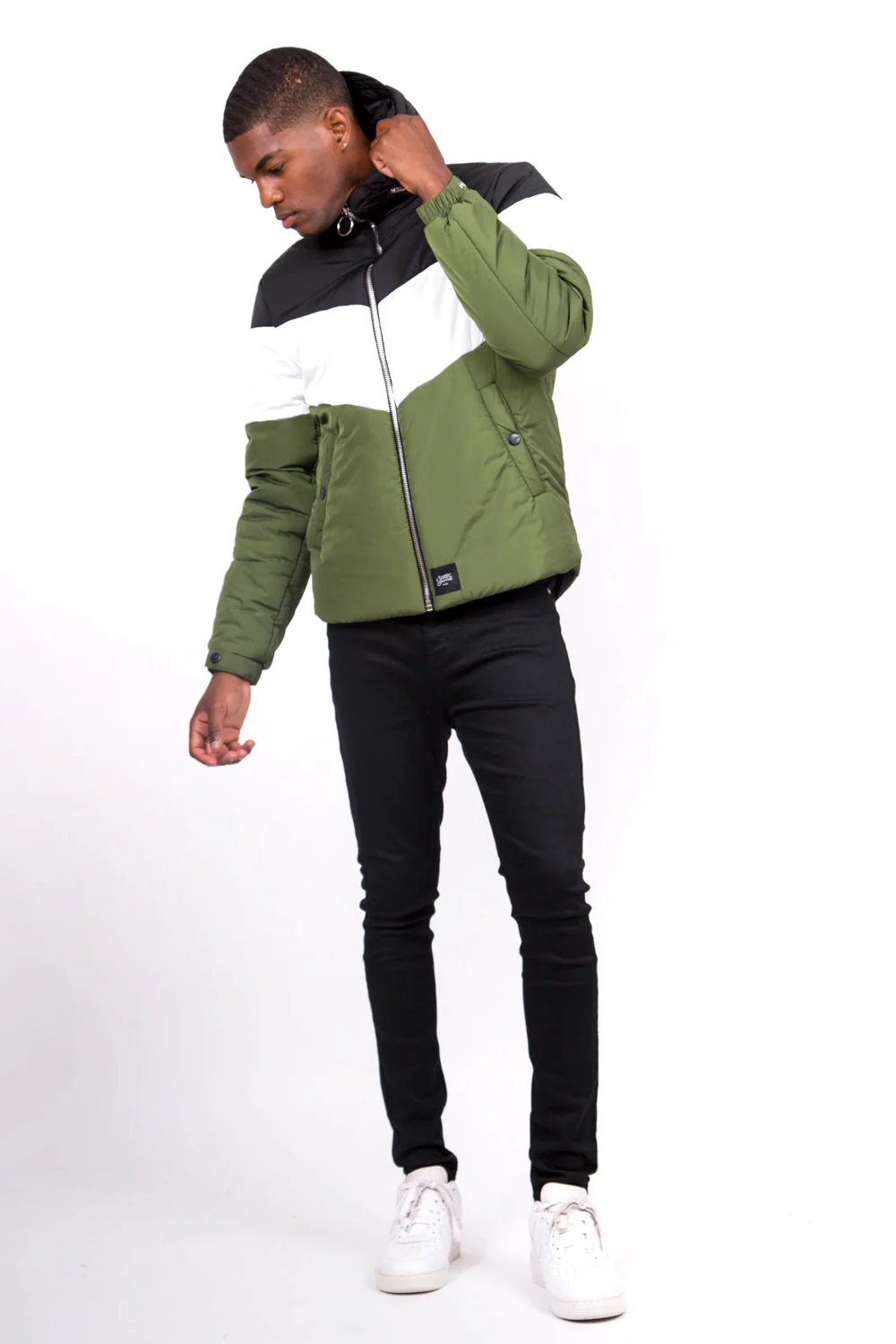 Doudoune tricolore capuche noir kaki blanc - Image 5