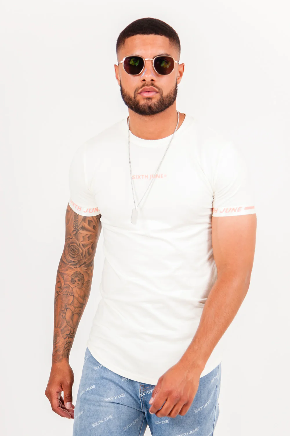 T-shirt logo coton manche beige - Image 2