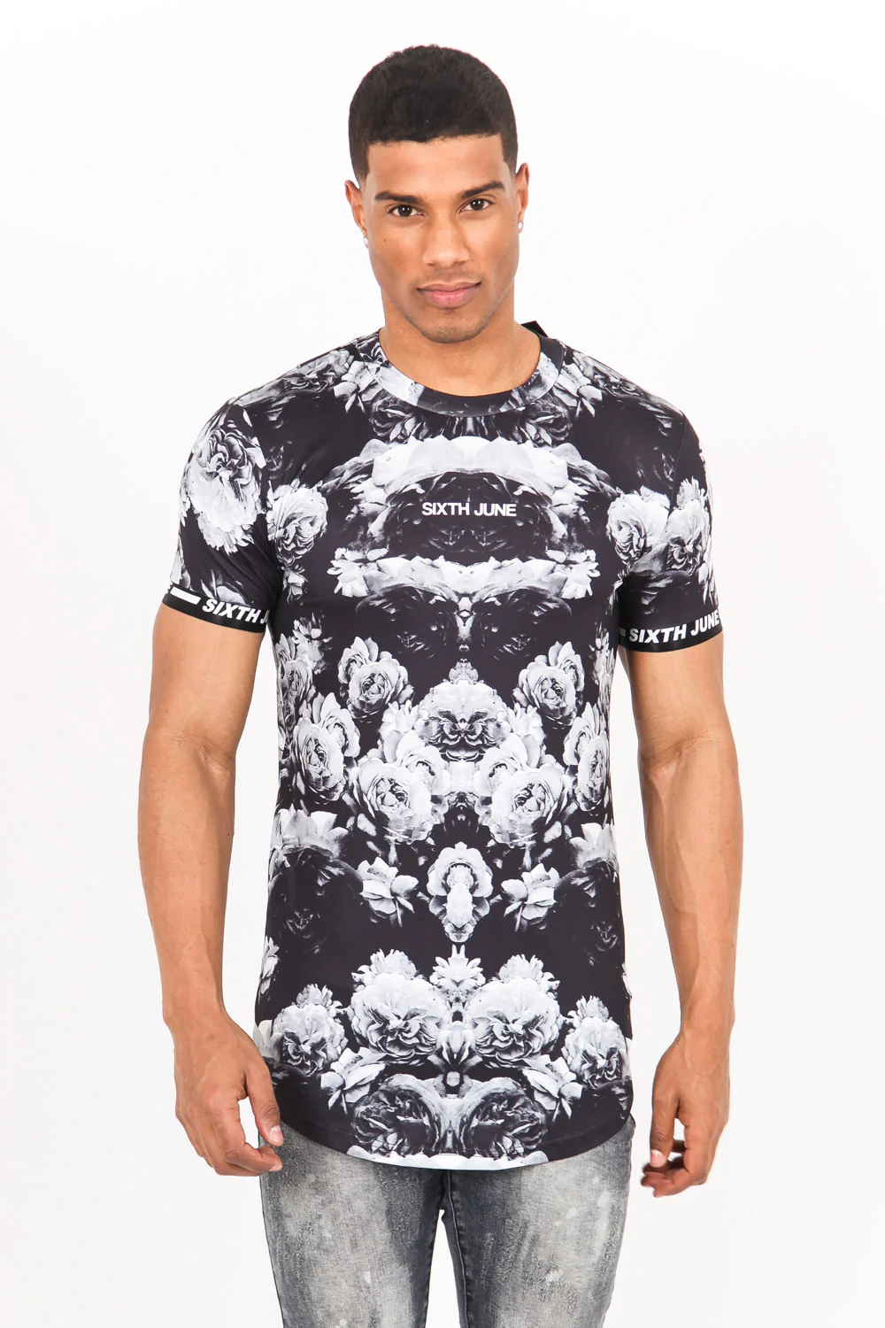 T-shirt imprimé fleur noir blanc - Image 2