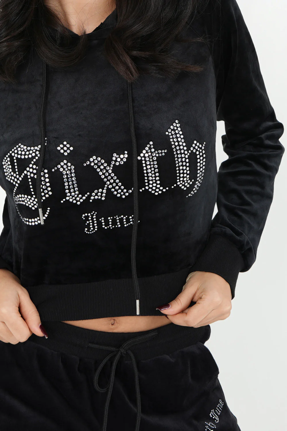 Sweatshirt capuche velours strass Noir - Image 3