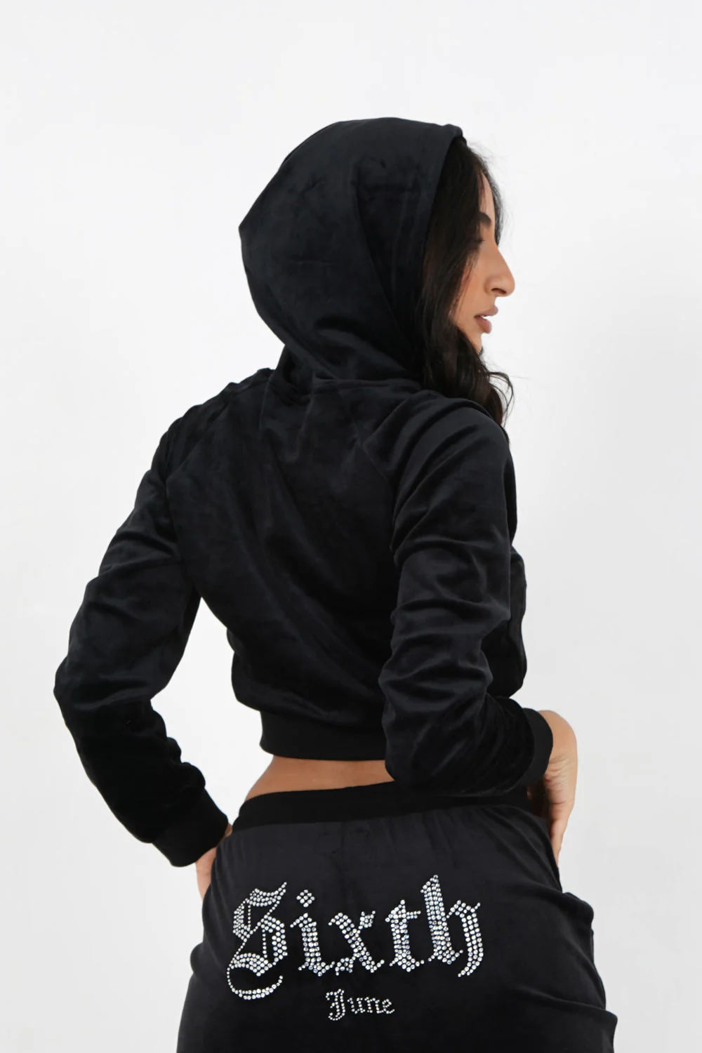 Sweatshirt capuche velours strass Noir - Image 5