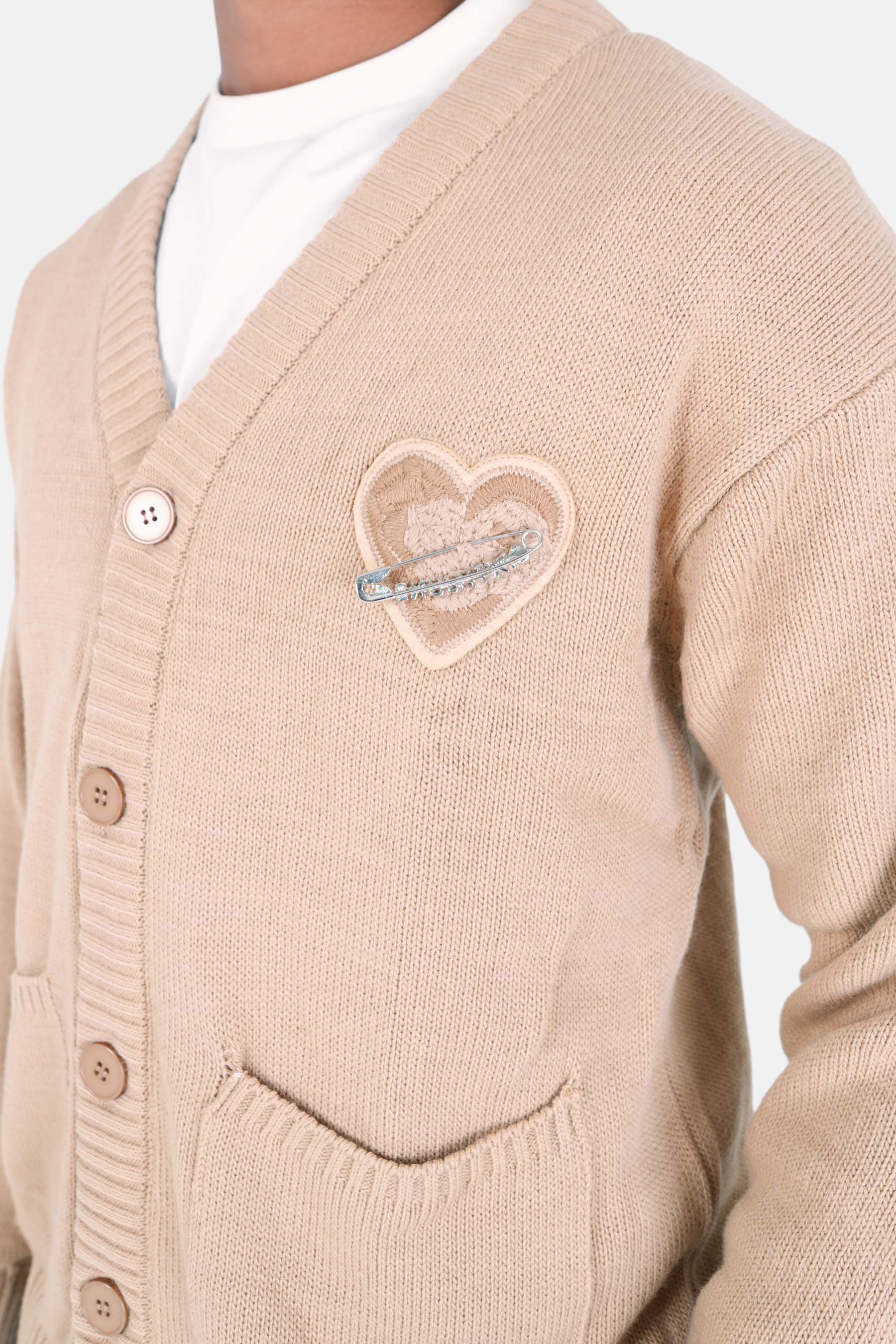 Cardigan maille coeur brodé Beige foncé - Image 3