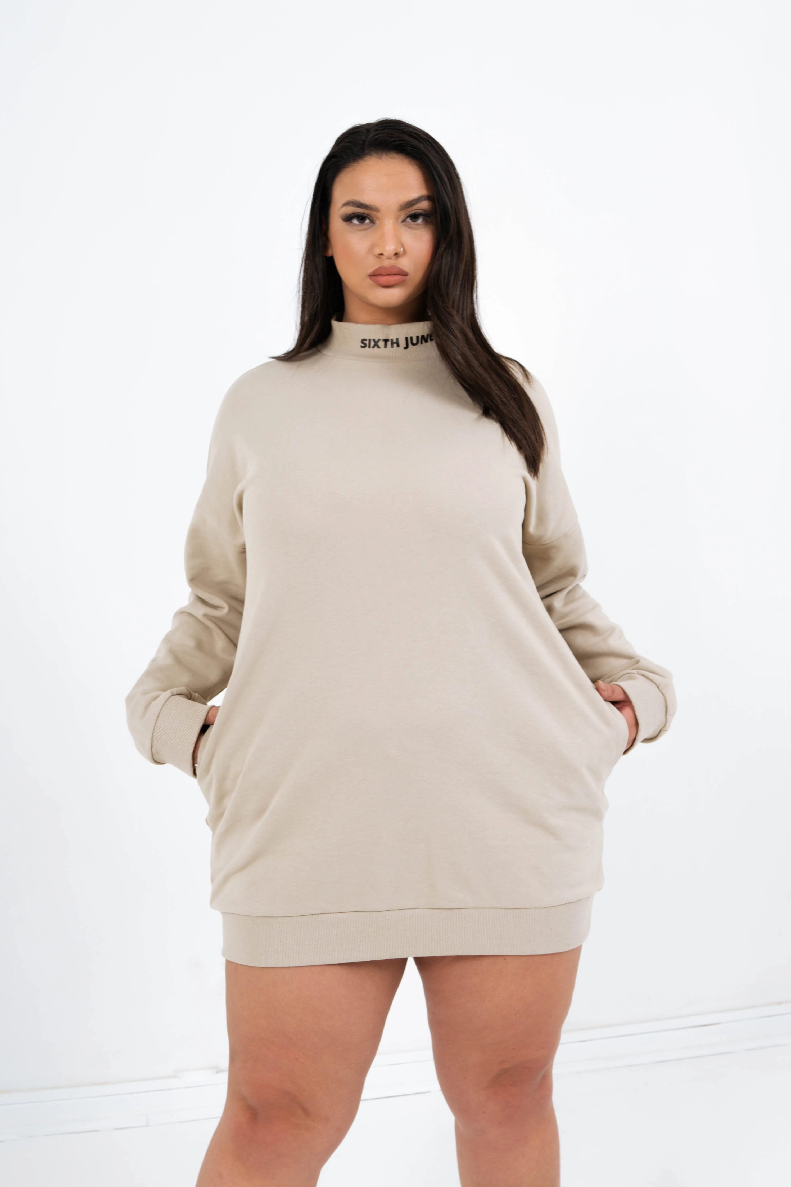 Robe sweat col côtelé Beige - Image 8