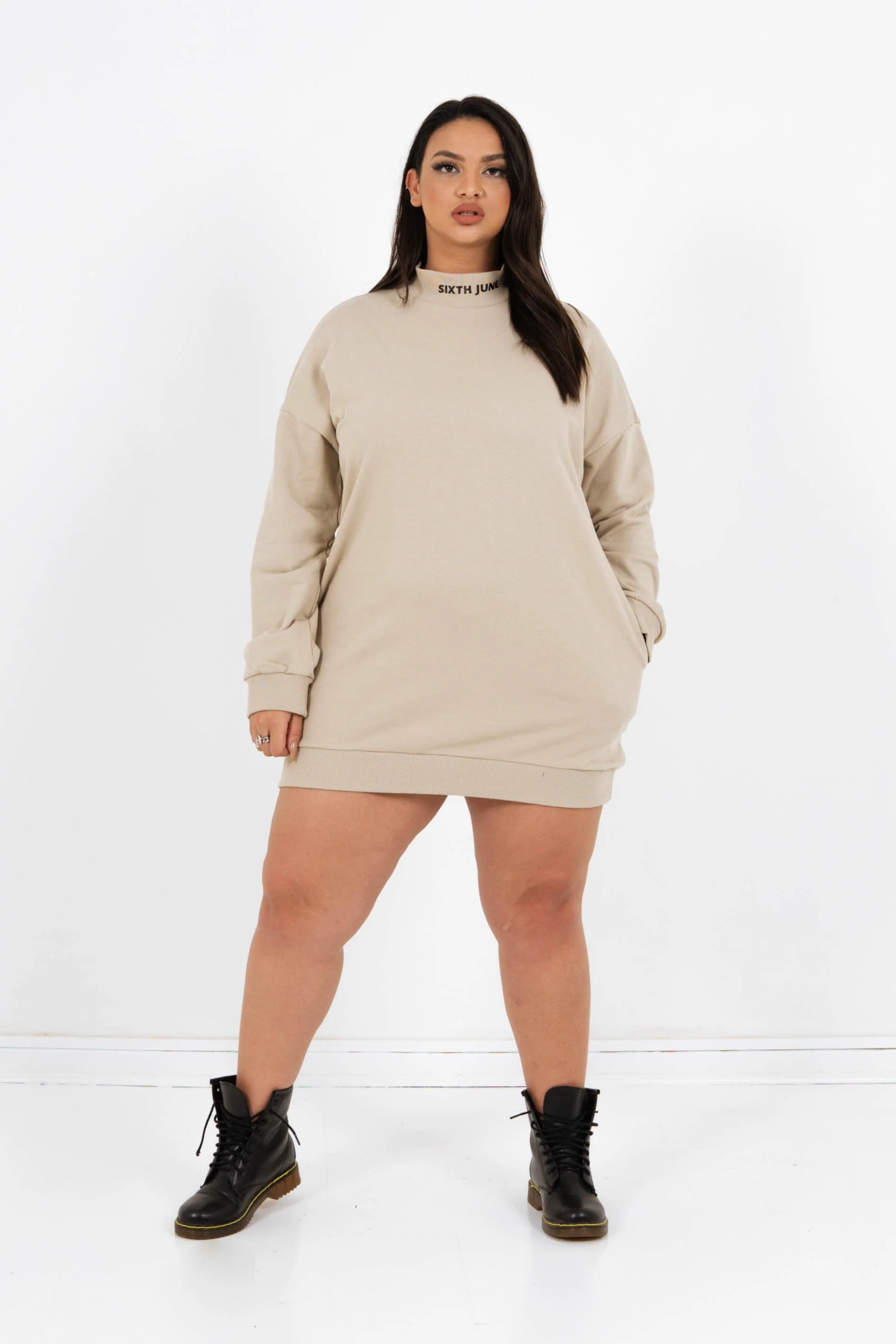 Robe sweat col côtelé Beige - Image 9