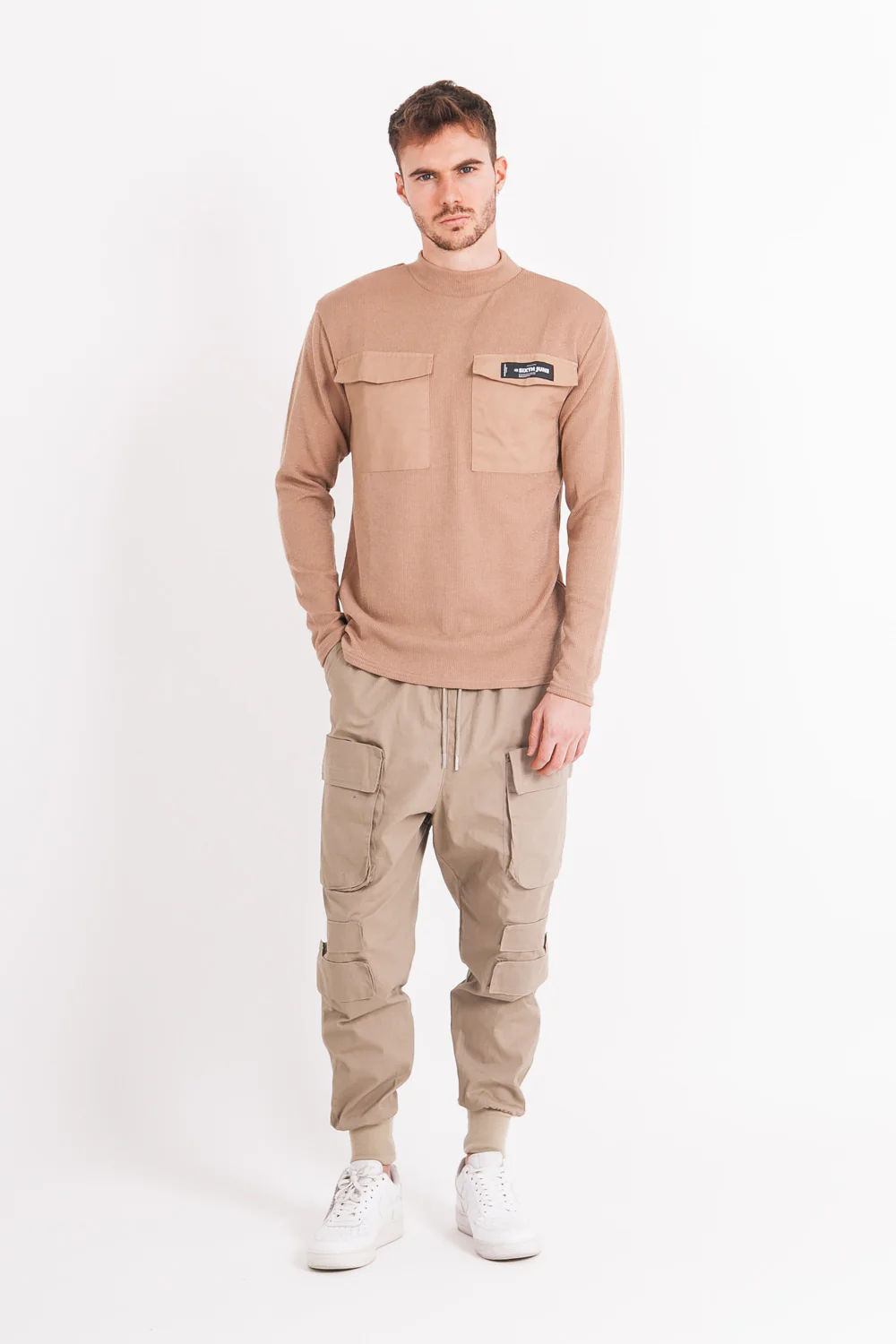 Pull maille poche cargo beige - Image 2