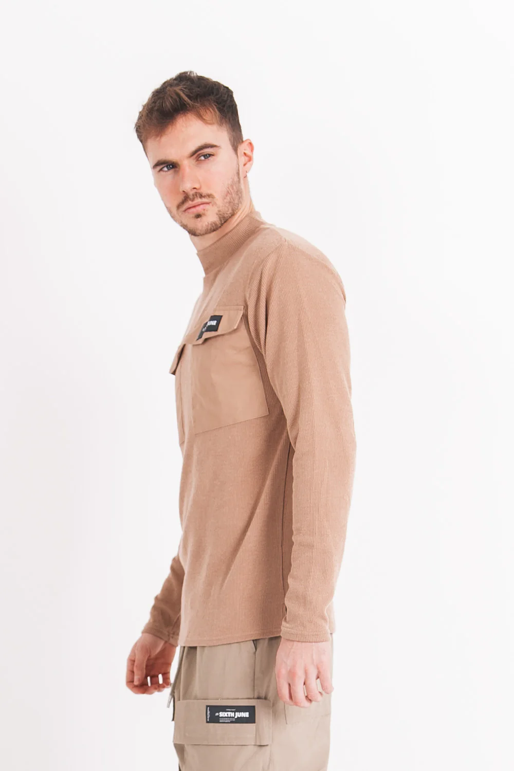 Pull maille poche cargo beige - Image 4