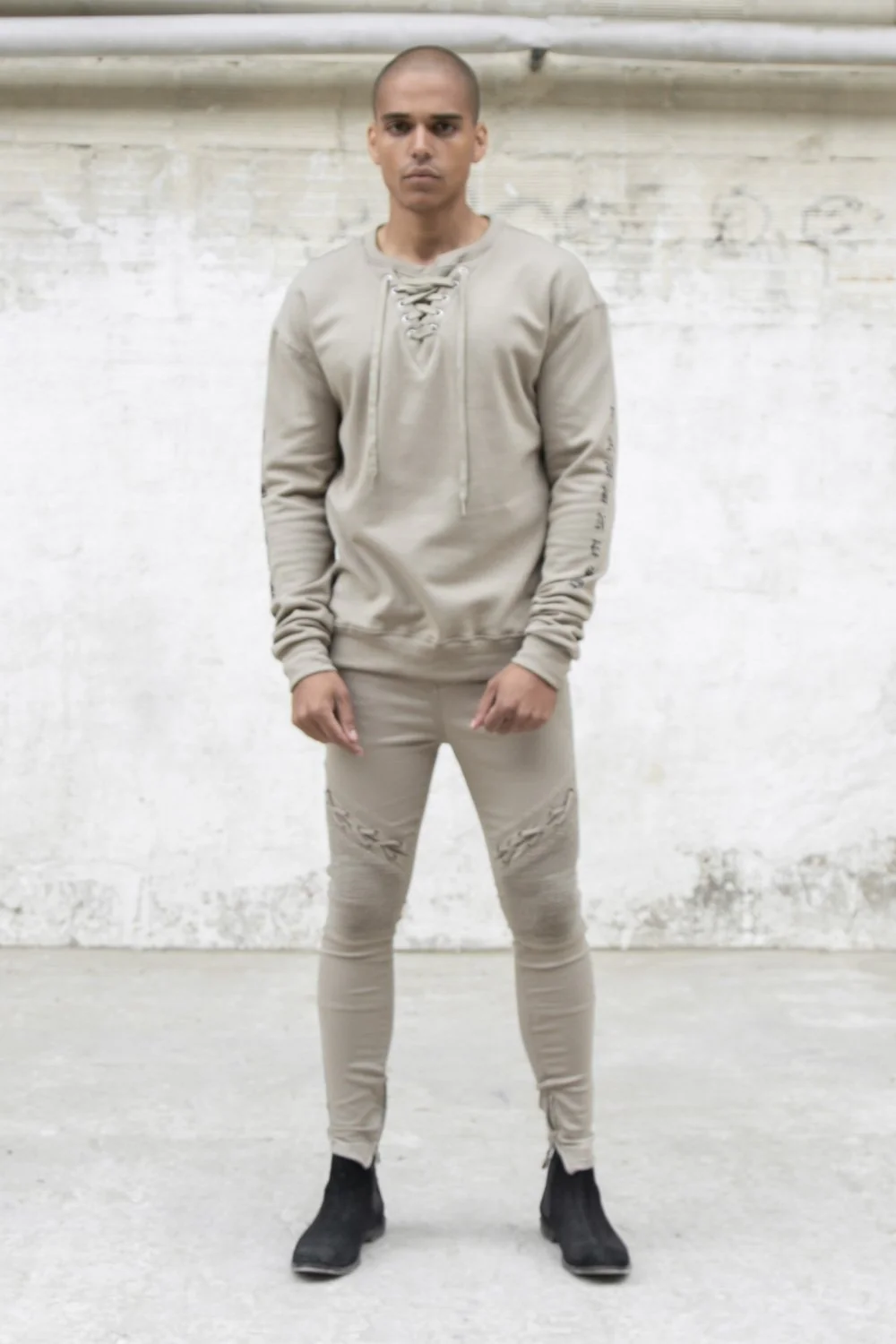 Jean biker lacets beige - Image 2