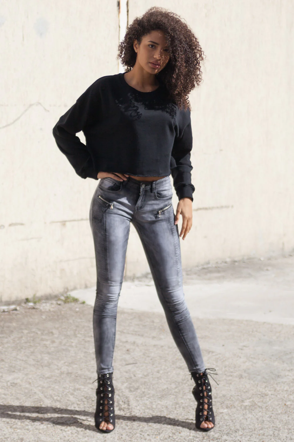 Jean biker Femme delavé gris W1965HDE - Image 3