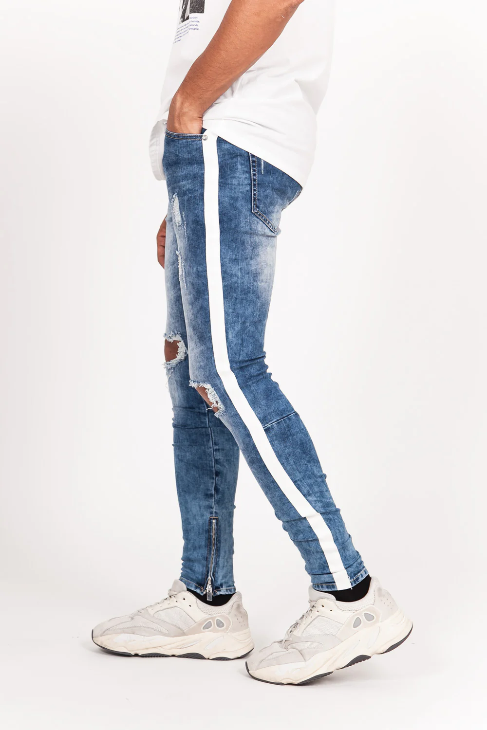 Jean trous bandes blanches bleu foncé - Image 3