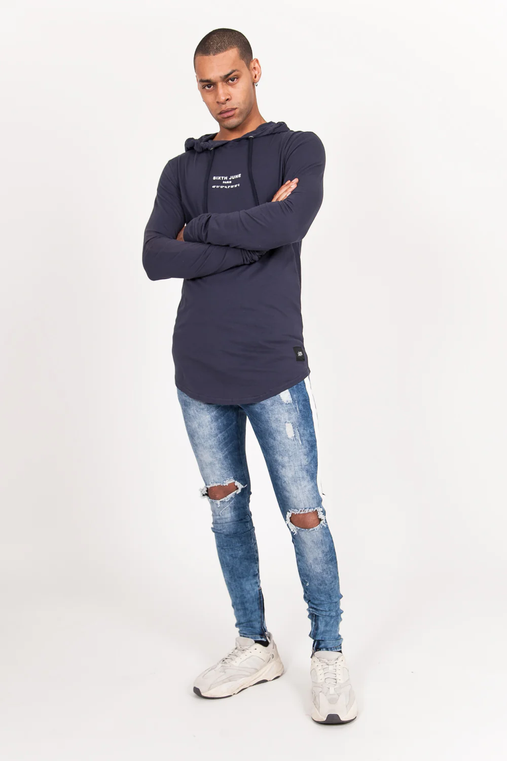Jean trous bandes blanches bleu foncé - Image 5