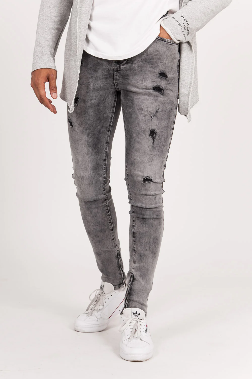 Jean zip usé gris foncé - Image 2
