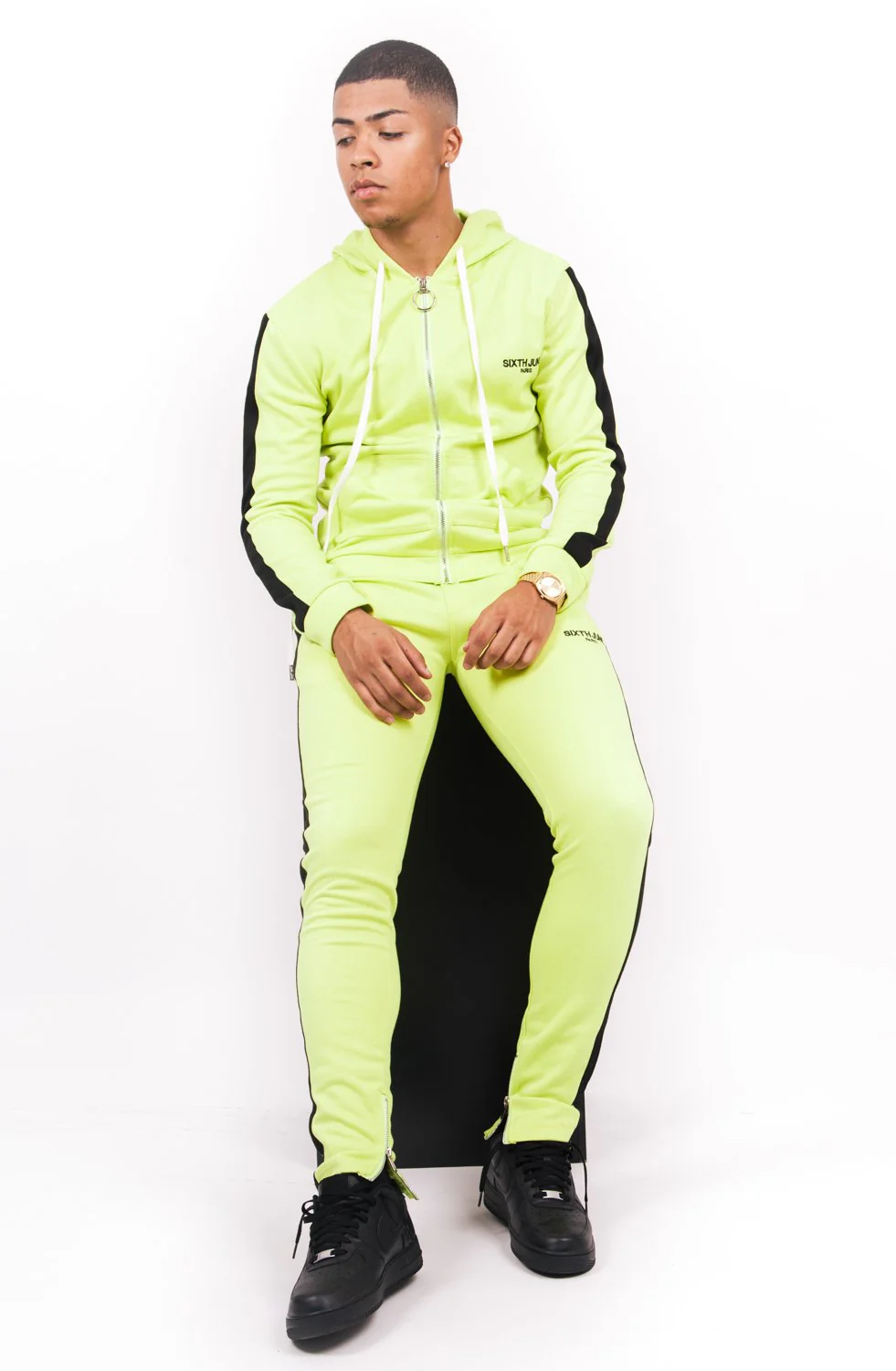 Jogging bandes zips jaune fluo noir - Image 2